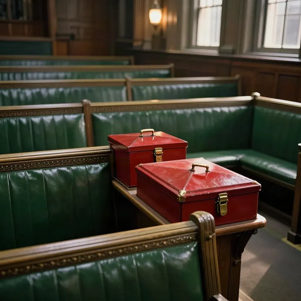 Empty Commons chamber with green benches and red dispatch boxes in dim late-afternoon light.
