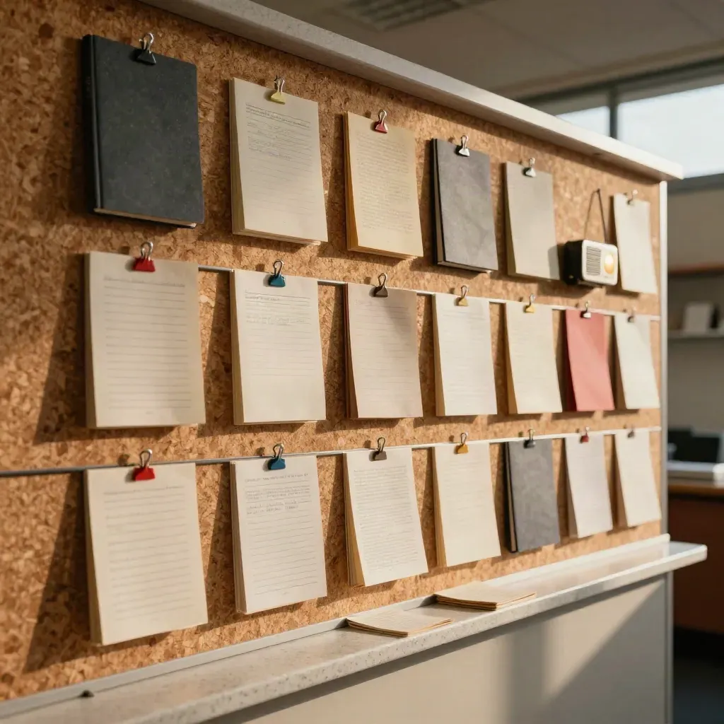 Newsroom planning wall with colour tabs, closed notebooks and a compact radio set