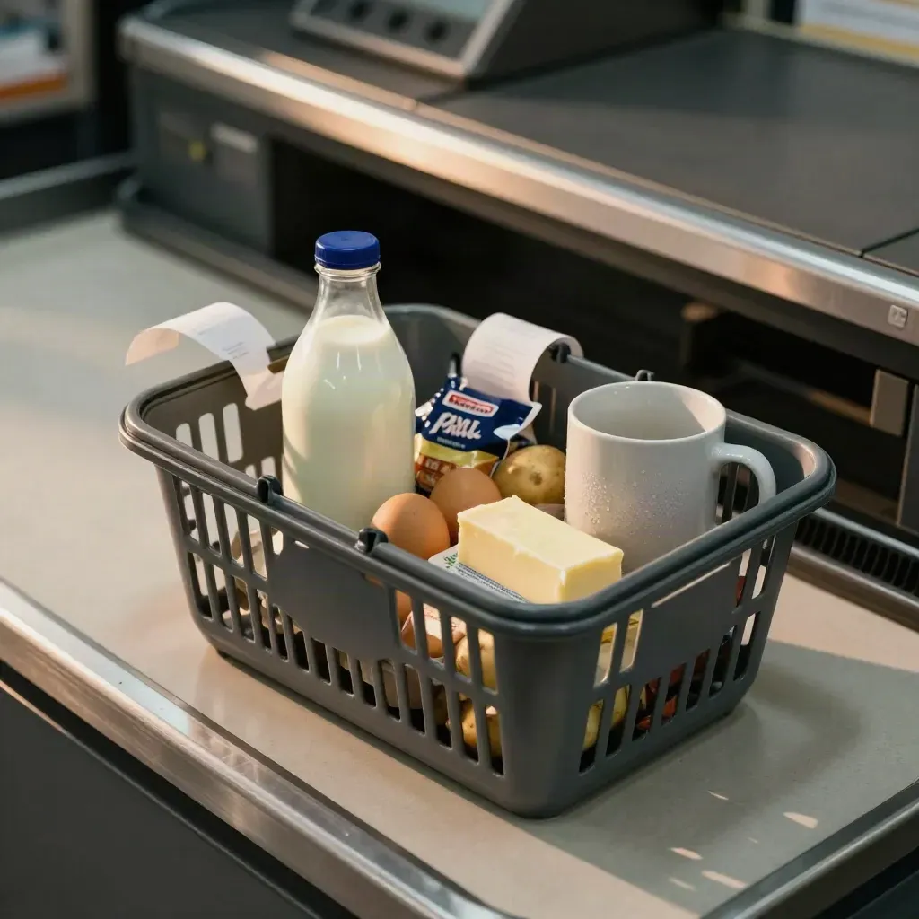 Basket of basic groceries beside a receipt roll holder and plain mug at a supermarket checkout.