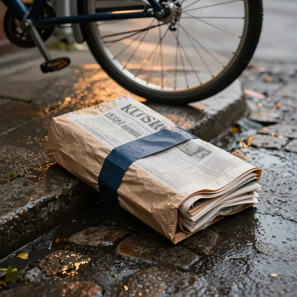 Wrapped newspaper bundle on a wet doorstep with a blurred bicycle wheel and rain-slick cobbles.