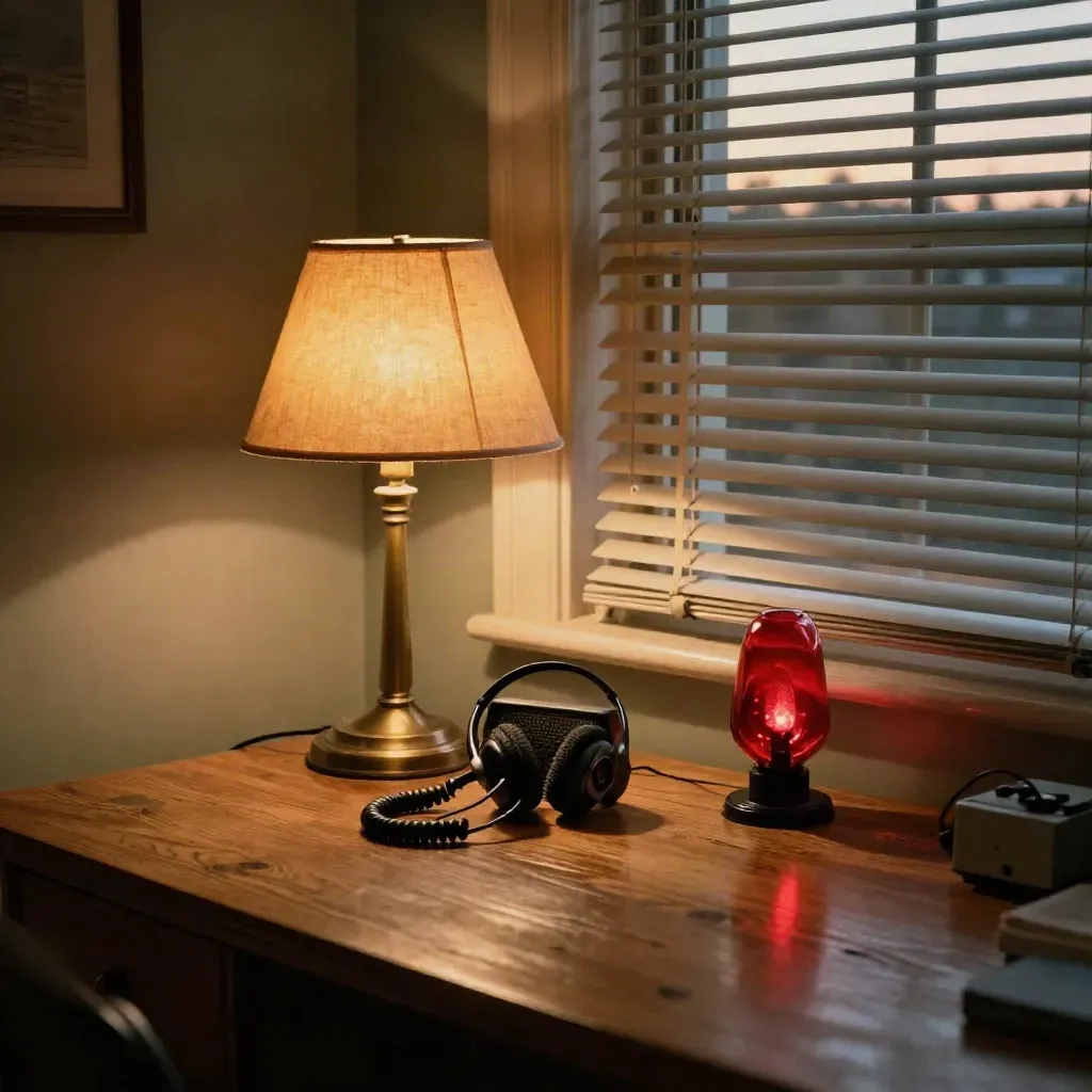 Dusk-lit newsroom desk with lamp, blinds, radio and red accent in warm haze.
