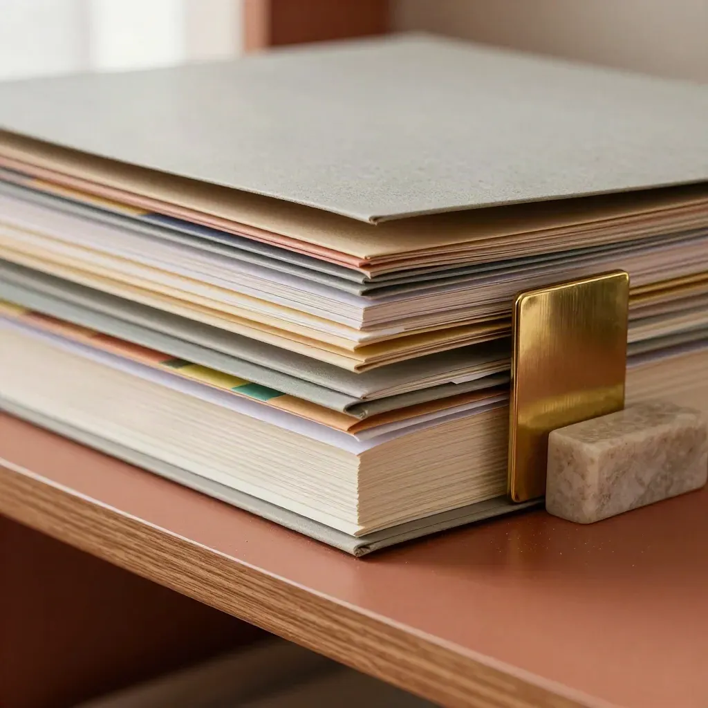 Closed folders with coloured tabs beside a brass clip and stone bookend on a stone shelf